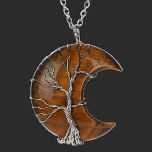 Tiger Eye Crescent Moon Natural Gemstone Tree Of Life Wire Wrap Pendant